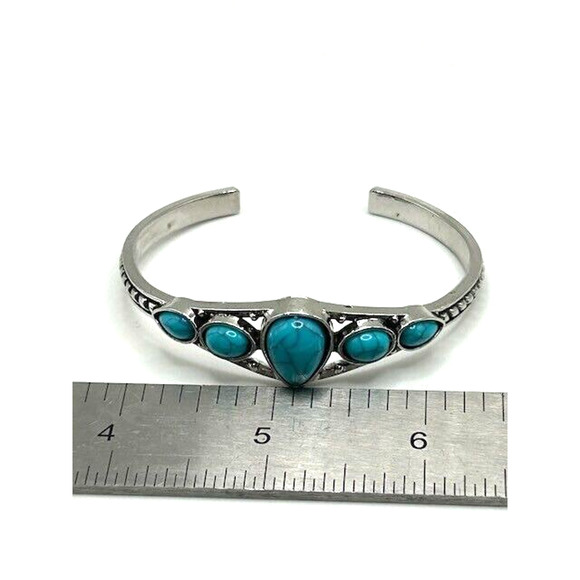 Faux Silver Turquoise Stones Open Bangle Cuff Bracelet Jewelry Boho Southwestern - Picture 7 of 8